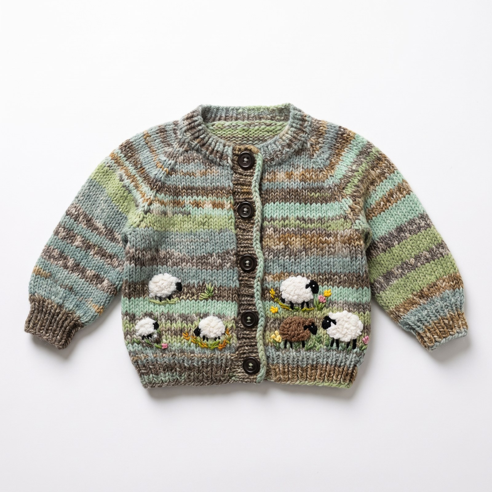 Variegated green and brown hand-knit baby cardigan with embroidered sheep at the hem