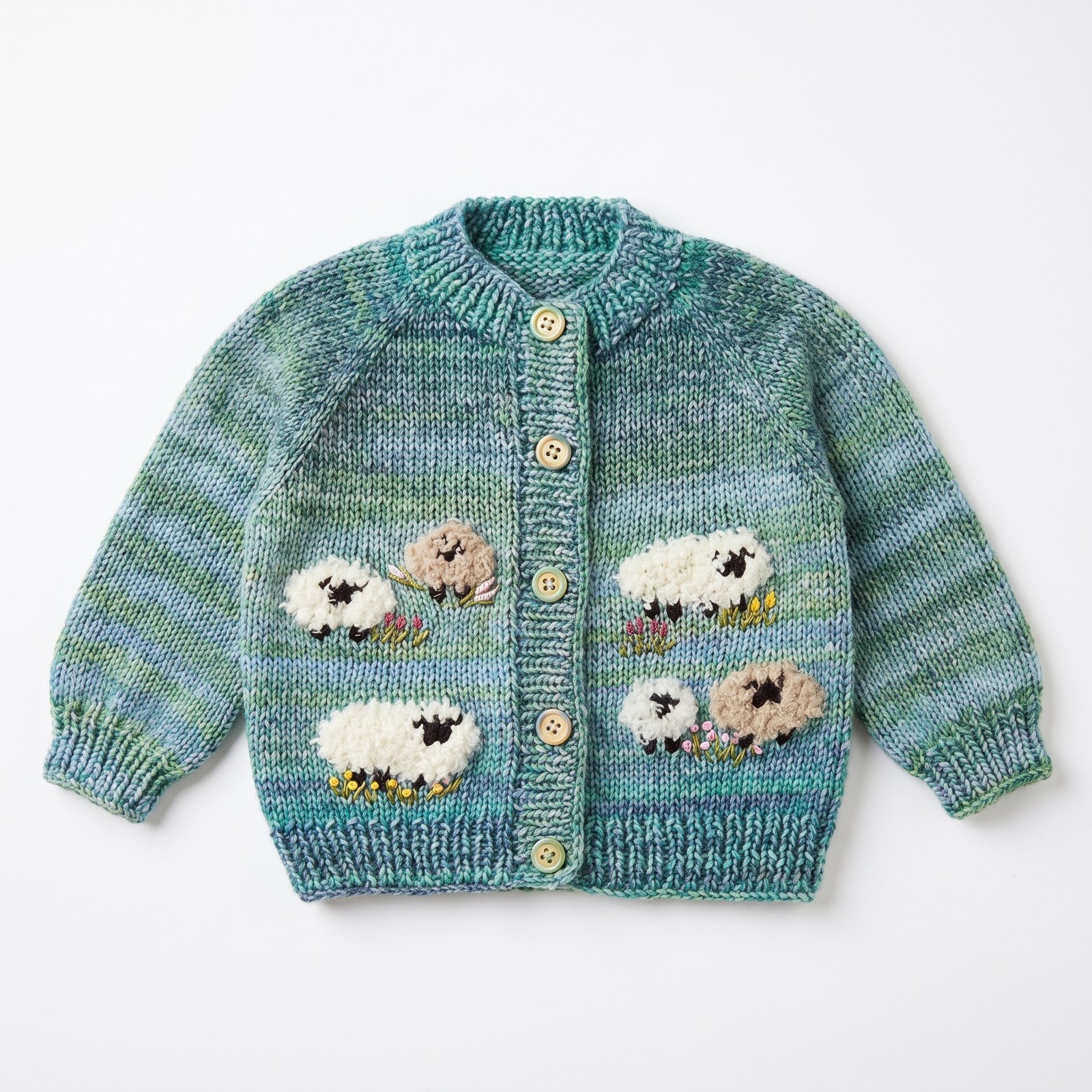 Blue-green variegated hand-knit baby cardigan with embroidered sheep in a meadow