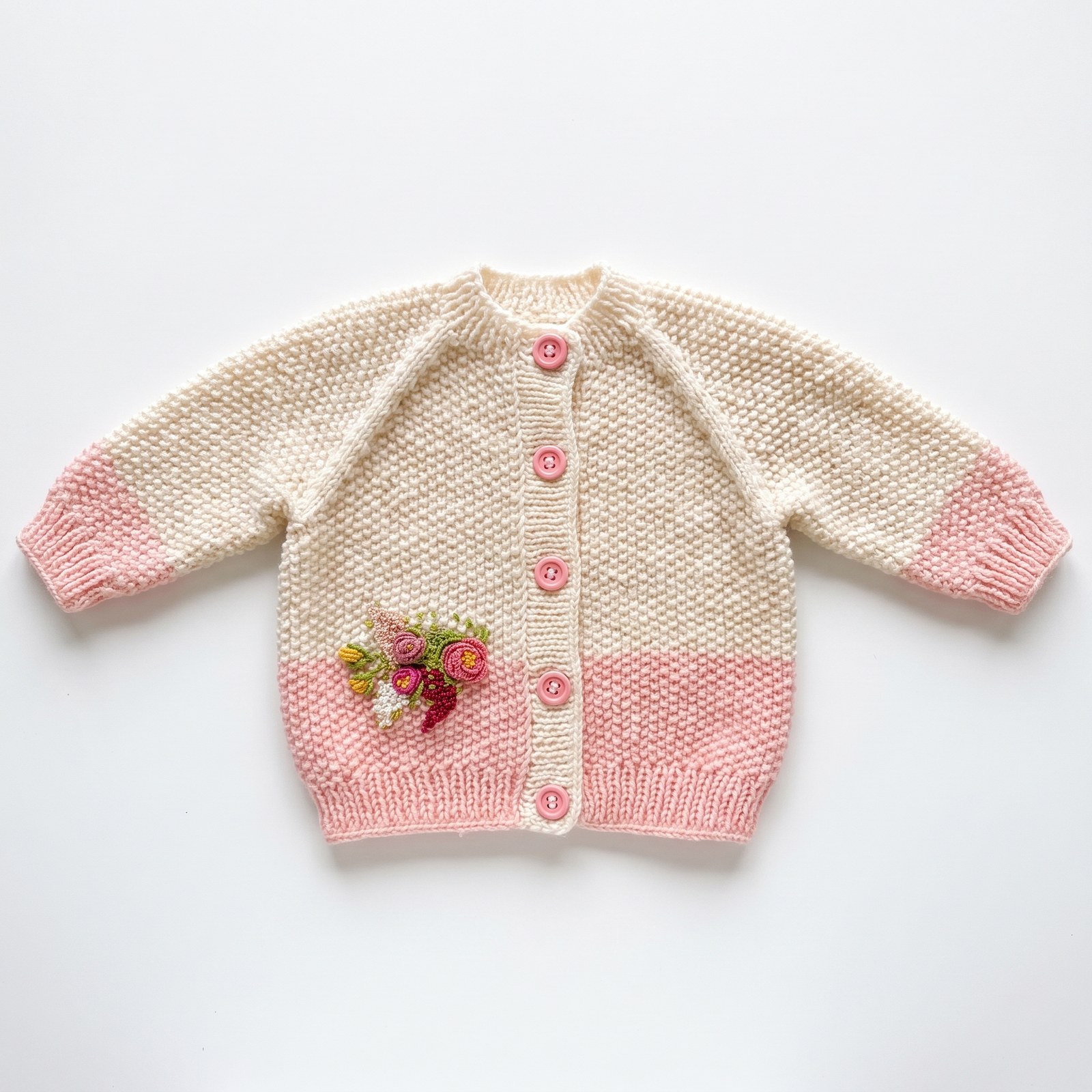 Cream and pink hand-knit baby cardigan and hat set with embroidered rose bouquets