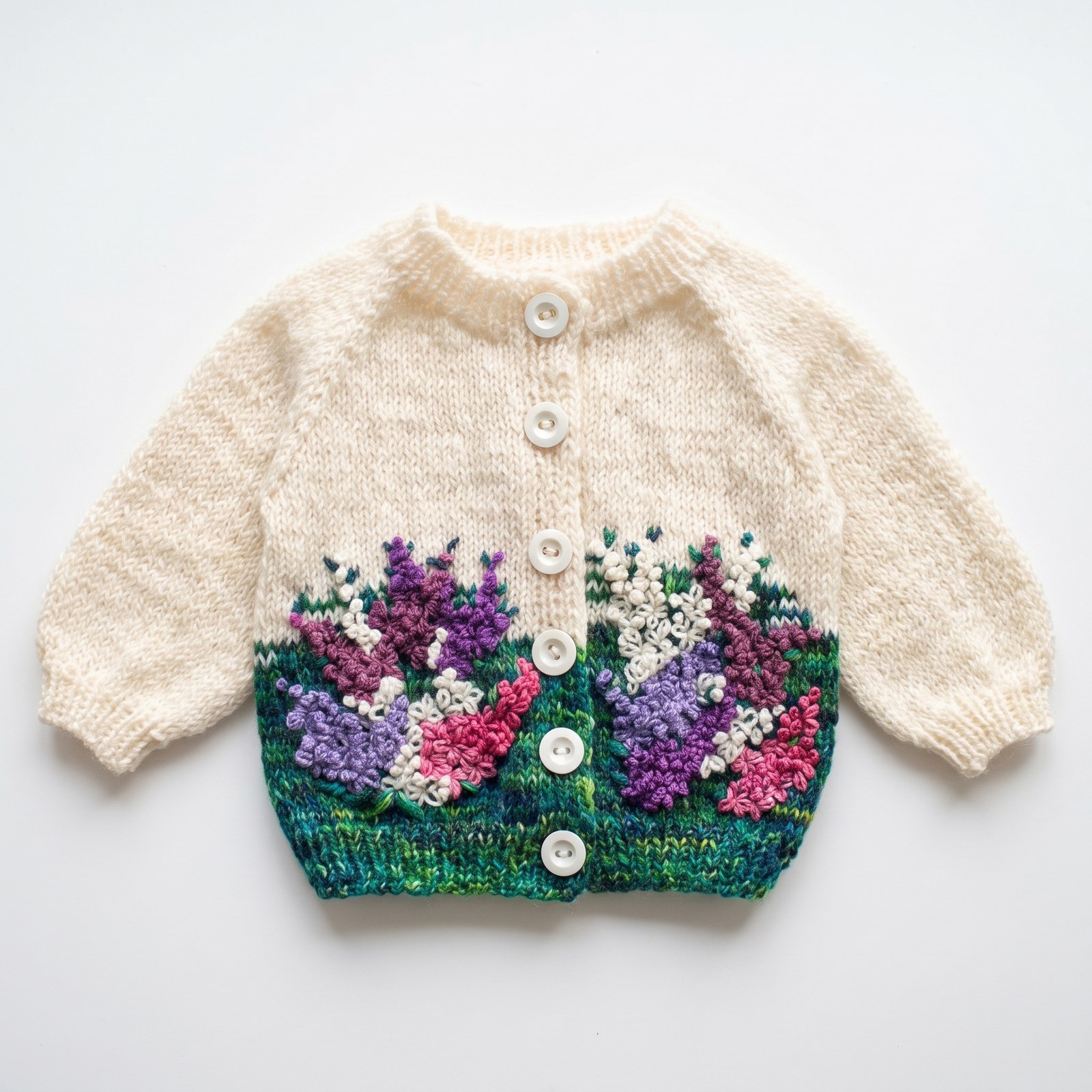 Cream hand-knit baby cardigan with a deep green hem embroidered with purple and pink flowers